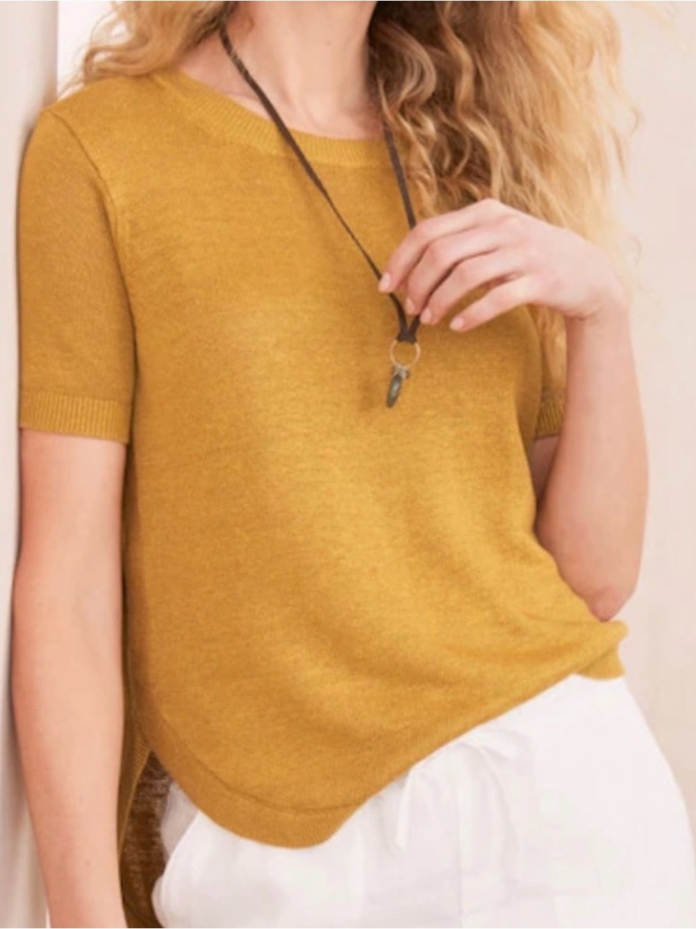Garnet Hill Haiku Linen Sweater Tee Mustard Yellow Size Large Relaxed Fit